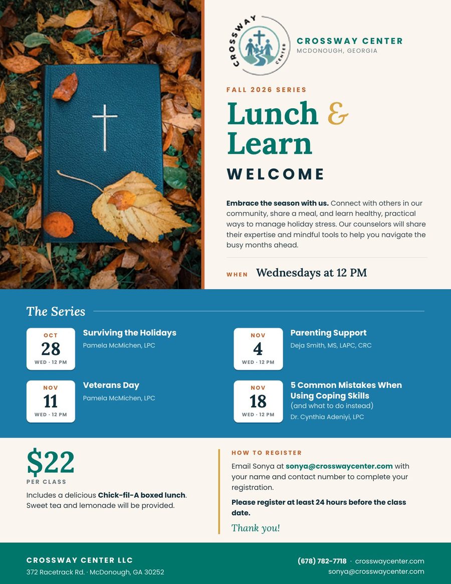 Crossway Center Fall 2026 Lunch & Learn flyer: four Wednesday sessions at 12 PM, Oct 28 to Nov 18, $22 per class including lunch.